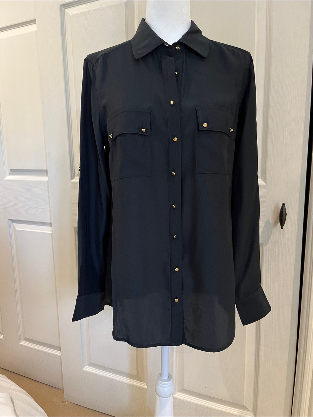 Antonio Melani Silky Black Button-Up Blouse with Gold Studs